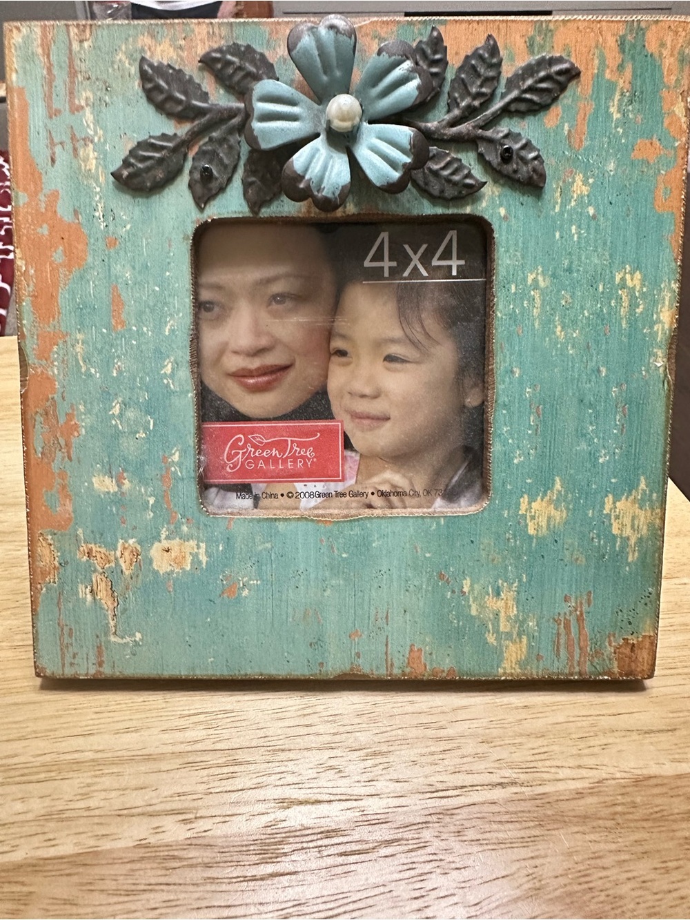 Distressed Turquoise 4x4 Picture Frame with Floral Accent